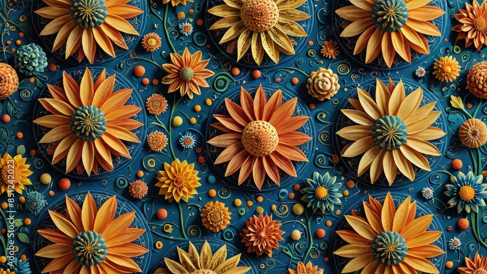 Abstract Floral Pattern with Yellow Flowers on Blue Background. Abstract Floral Pattern with Yellow Flowers on Blue Background.