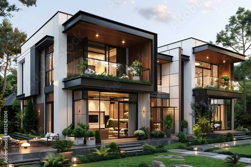 Modern House with Balcony and Garden Design © Adobe Contributor