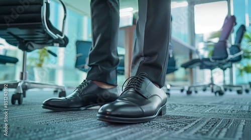 In a boardroom, a man in sleek pants and black oxfords presents a groundbreaking idea, capturing attention. © klss777