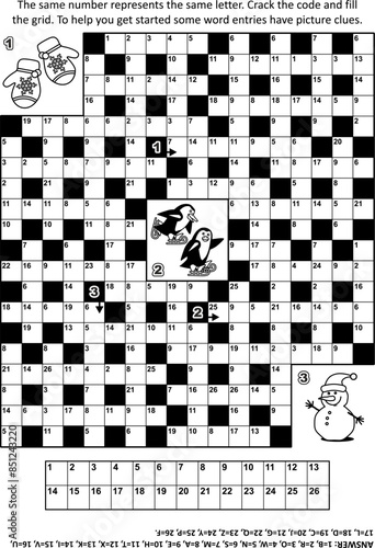 Puzzle page with codebreaker (or codeword, or code cracker) crossword word game with general knowledge entries and 3 winter or Christmas picture clues. Answer included.
