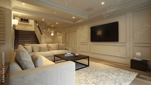 Bright spacious finished basement with large sectional, TV and coffee table