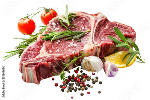 Close-up of a raw ribeye steak with the marbling beautifully displayed. Isolated on a white background