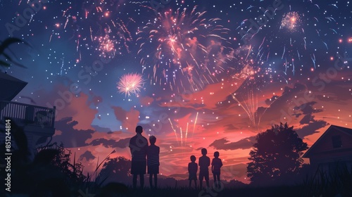 A family of four watches a spectacular fireworks display light up the night sky. The colorful explosions illuminate the silhouettes of the family, creating a magical moment.