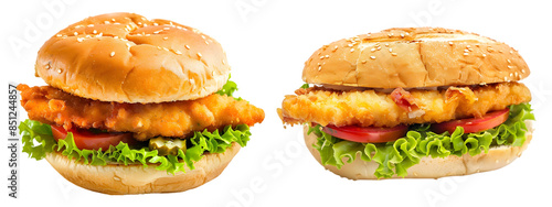 Fried fish sandwich, burger on transparent background