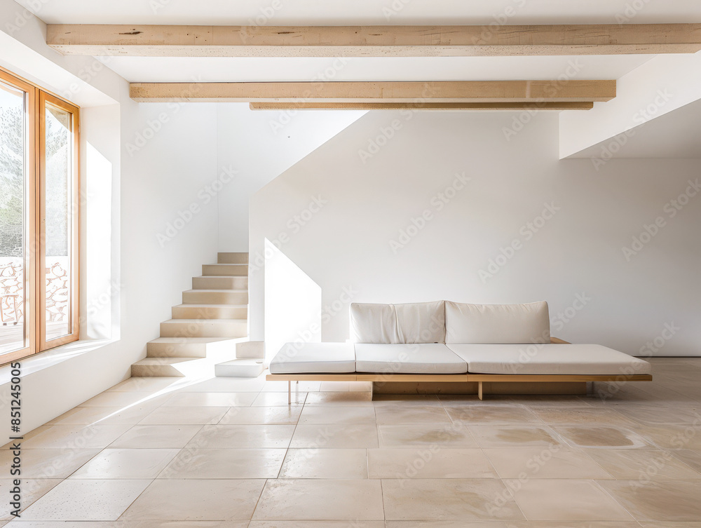 Fototapeta premium Empty designer modern living room filled with natural window lighting in a mix of warm and neutral colors. Real Estate interior design composition.