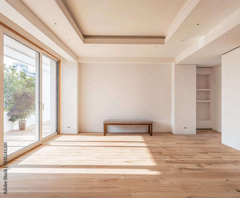 Obraz premium Empty designer modern living room filled with natural window lighting in a mix of warm and neutral colors. Real Estate interior design composition.
