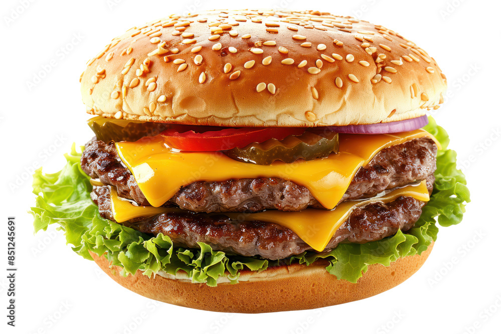 classic cheeseburger with melted American cheese, lettuce, tomato, onion, and pickles on a toasted sesame seed bun, isolated on a white background. classic cheeseburger with melted American cheese, lettuce, tomato, onion, and pickles on a toasted sesame seed bun, isolated on a white background.