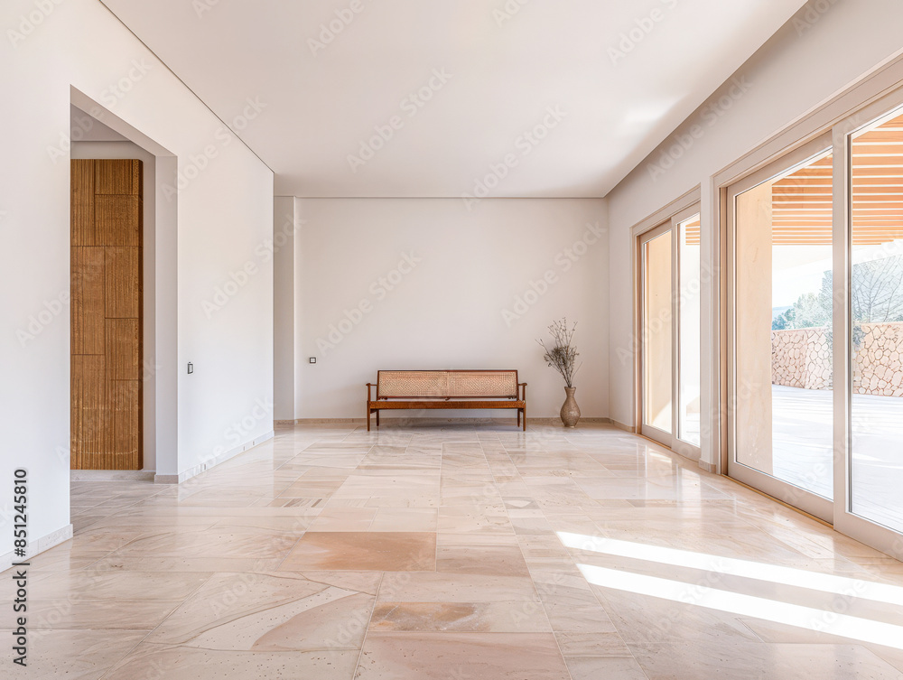 Fototapeta premium Empty designer modern living room filled with natural window lighting in a mix of warm and neutral colors. Real Estate interior design composition.