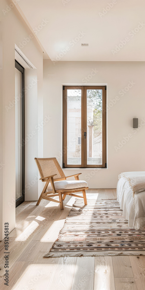 Fototapeta premium Empty designer modern living room filled with natural window lighting in a mix of warm and neutral colors. Real Estate interior design composition.