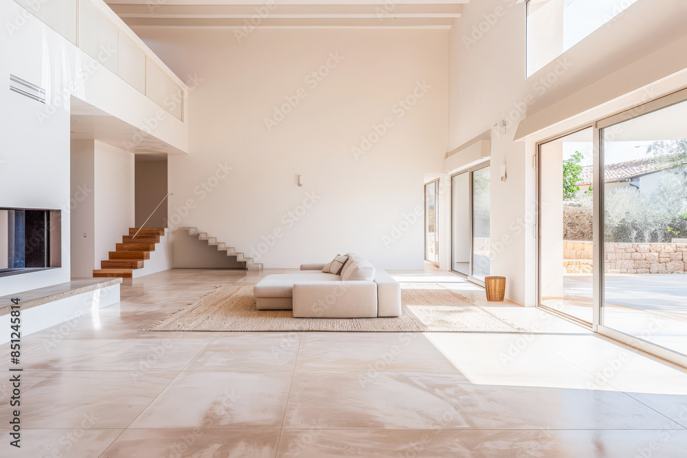 Fototapeta premium Empty designer modern living room filled with natural window lighting in a mix of warm and neutral colors. Real Estate interior design composition.