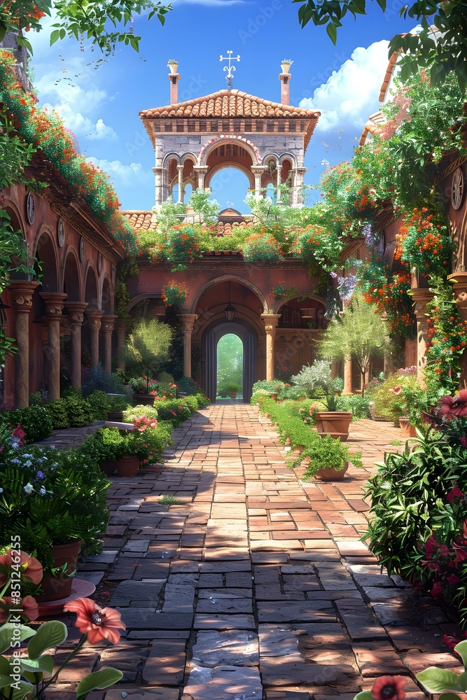 Italian Courtyard with Cobblestone Pathway and Lush Greenery Italian Courtyard with Cobblestone Pathway and Lush Greenery