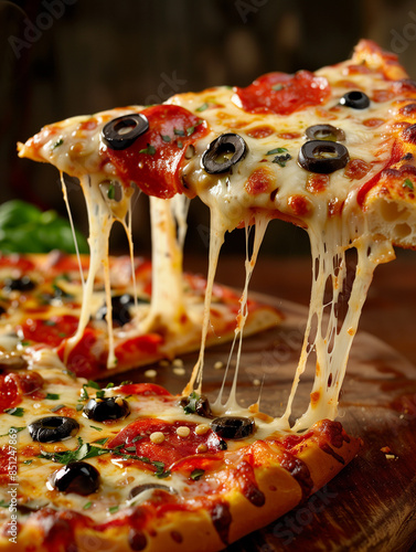 Delicious fresh pizza with cheese, tomatoes and olives. A slice of pizza with melted cheese. The cheese is stretching. Italian cuisine, restaurant.