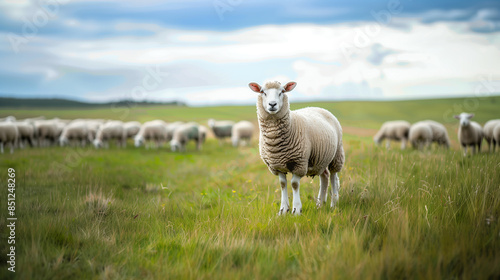 A white sheep grazes in field on the hill in spring, AI generated