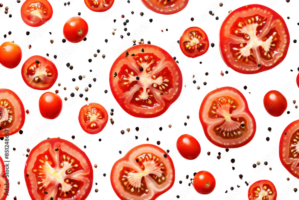 Arrangement of halved tomatoes Create captivating patterns, colors and textures. Isolated on white background. Arrangement of halved tomatoes Create captivating patterns, colors and textures. Isolated on white background.