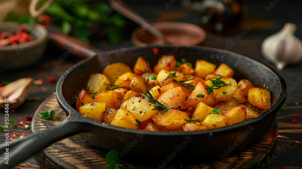 baked potatoes with herbs in a frying pan on the table against dark background baked potatoes with herbs in a frying pan on the table against dark background