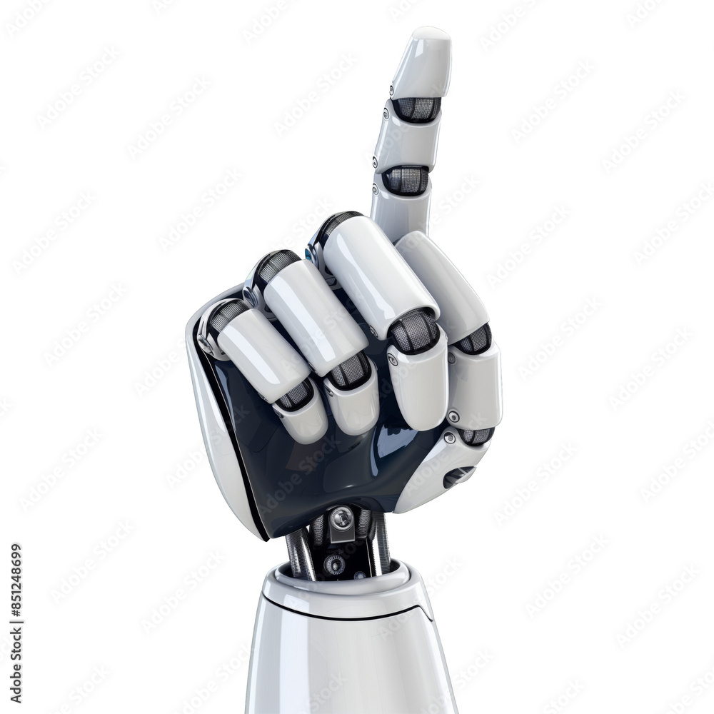 Futuristic robotic hand pointing upwards. Concept of technology, artificial intelligence, and innovation. High-quality 3D rendering. Futuristic robotic hand pointing upwards. Concept of technology, artificial intelligence, and innovation. High-quality 3D rendering.