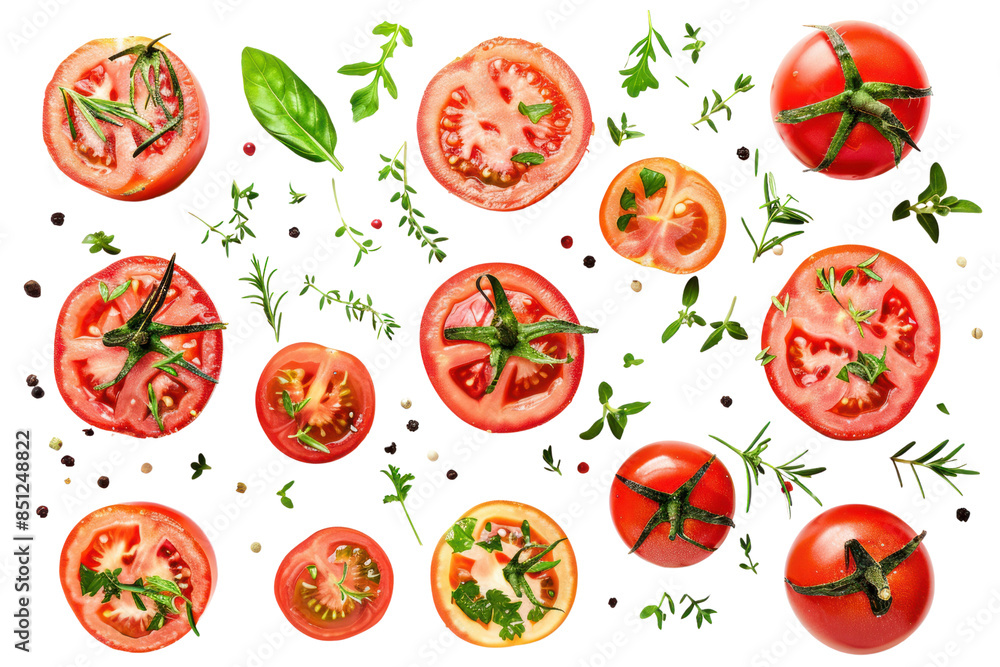 Arrangement of halved tomatoes Create captivating patterns, colors and textures. Isolated on white background. Arrangement of halved tomatoes Create captivating patterns, colors and textures. Isolated on white background.