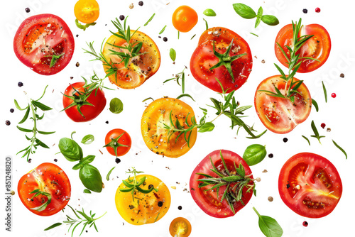 Arrangement of halved tomatoes Create captivating patterns, colors and textures. Isolated on white background.