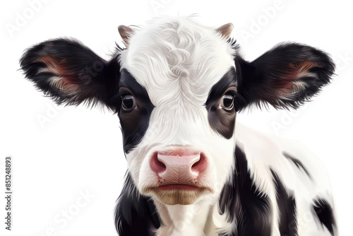 Adorable baby cow with big, soulful eyes and a playful smile, isolated on a white background.