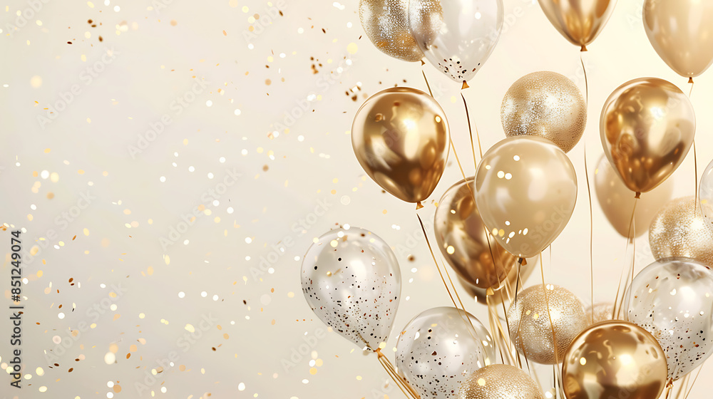 Balloons and glitter happy new year greeting card, beige and gold colors. Generative AI illustration Balloons and glitter happy new year greeting card, beige and gold colors. Generative AI illustration