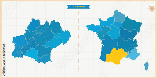 A Map highlighting Occitanie in the France Map, Occitanie and France modern map with Colorful Hi detailed Vector, geographical borders