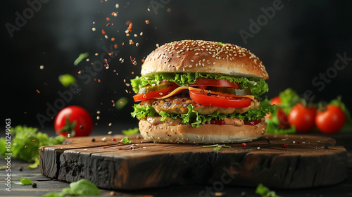Beef burger with tomatoes, red onions, cucumber and lettuce on black slate over dark background. Unhealthy food. Tasty burger with french fries and fire. 