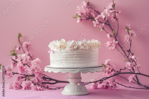 Elegant Frosted Cake on Decorative Stand Against a Soft Background, Perfect for Birthdays, Weddings, and Special Celebrations