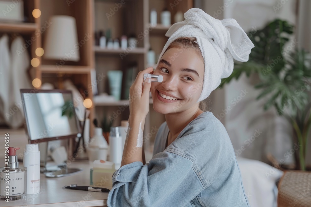 A woman wrapped her head in a white towel, applied a facial mask, massaged her temples with her hands in front of a mirror, a neat and clean modern white room A woman wrapped her head in a white towel, applied a facial mask, massaged her temples with her hands in front of a mirror, a neat and clean modern white room