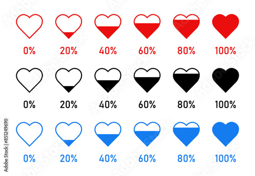 Collection of heart vector icon set. Heart icons.  Loading progress. Infographic heart sign symbol. Flat design. Vector illustration.