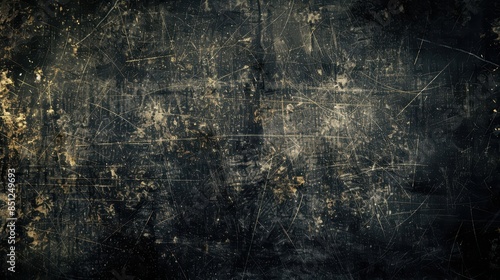 Dark and eerie black grunge background with scratched texture, dusty film effect; space for text or design,