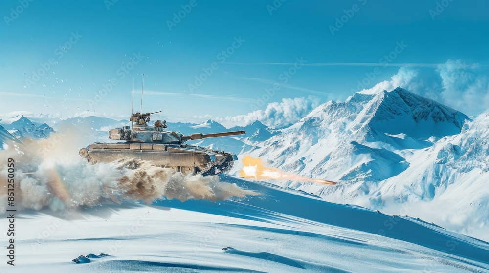 A dramatic scene of an Military tank M1 Abrams engaging in a firefight on a snowy mountain ridge Explosions erupt amidst the snowdrifts A dramatic scene of an Military tank M1 Abrams engaging in a firefight on a snowy mountain ridge Explosions erupt amidst the snowdrifts