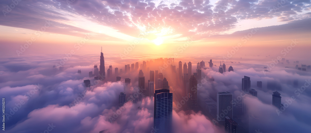 High-angle view of a city skyline at dawn, thick fog, emerging sunlight High-angle view of a city skyline at dawn, thick fog, emerging sunlight