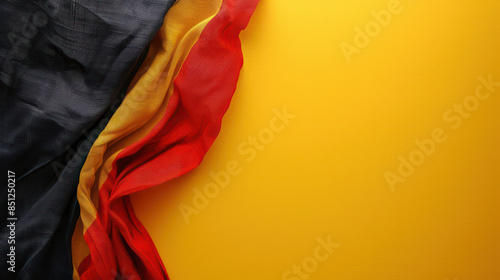 Elegant Red, Black, and Gold Fabric Drapes on Vibrant Yellow Background Perfect for Fashion, Design, and Textile Inspirations photo