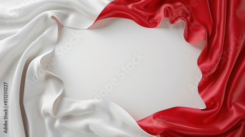 Elegant Waves of Red and White Satin Fabric Forming a Frame Against a Plain White Background Perfect for Design, Decoration, and Artistic Inspiration