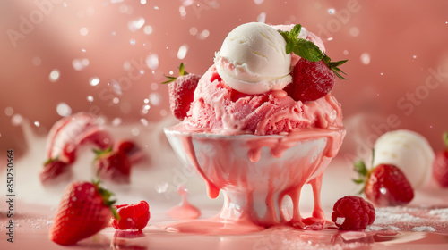 Ice cream with strawberry, blueberry, raspberry with splash, Melting ice cream summer idea concept.