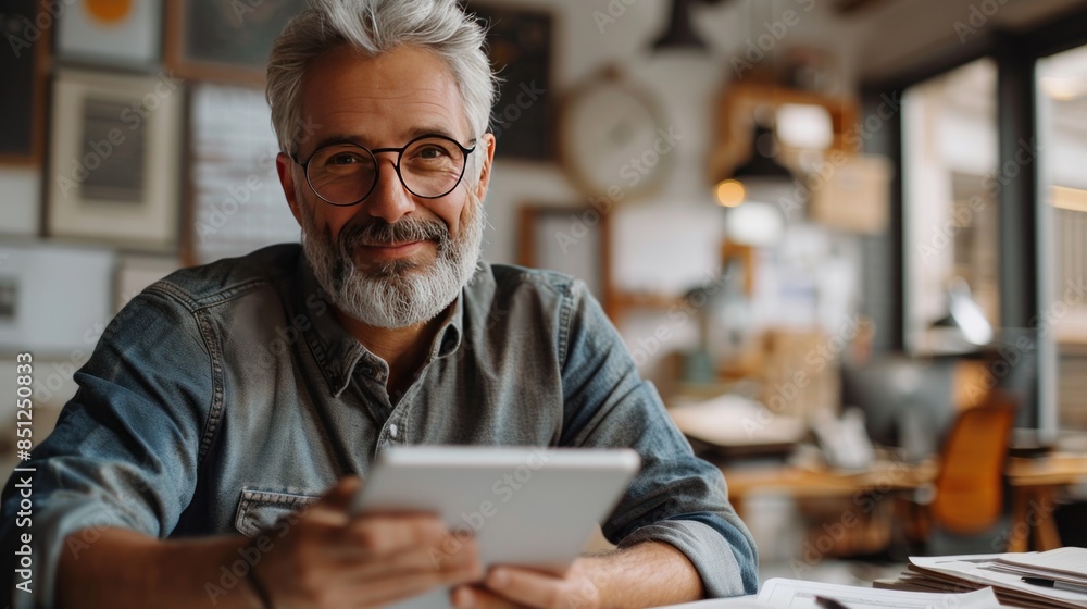 Smiling Senior Man Using a Tablet in a Creative Workspace Smiling Senior Man Using a Tablet in a Creative Workspace