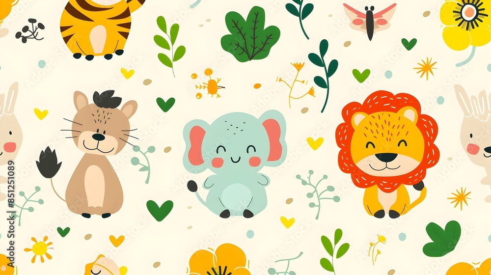 Naklejka premium Cheerful Cartoon Animal Friends in Colorful Floral Forest Habitat