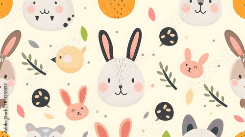 Cute Cartoon Bunny and Floral Pattern in Pastel Colors