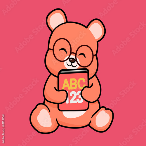 Clip art illustration of flat isolated cute teddy bear children cartoon character wearing glasses holding alphabet and numeric school book to read and learn