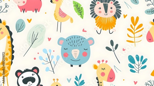 Cute cartoon animals and floral pattern for children's decor and