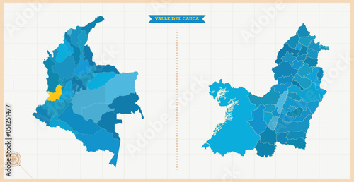 A Map highlighting Valle del cauca in the Colombia Map, Valle del cauca and Colombia modern map with Colorful Hi detailed Vector, geographical borders