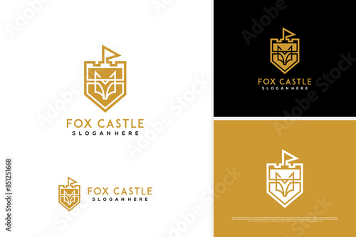 Shield fox castle luxury vector logo design concept, elegant royal fox logo design template