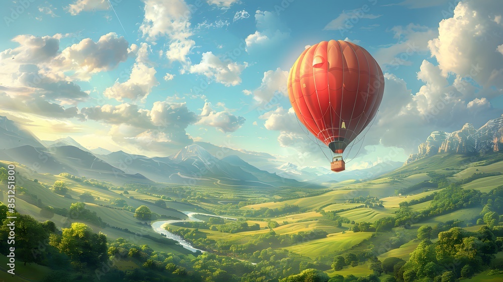 Hot Air Balloon Soaring Over a Lush Valley Hot Air Balloon Soaring Over a Lush Valley