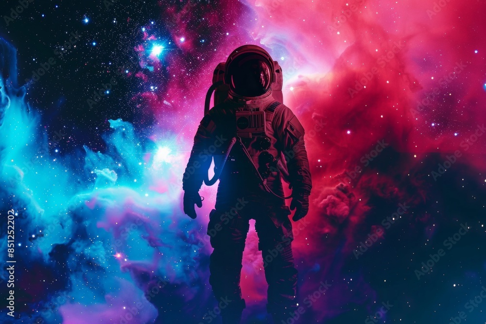 Fototapeta premium A lone astronaut in a classic pop art pose, silhouetted against a vibrant nebula