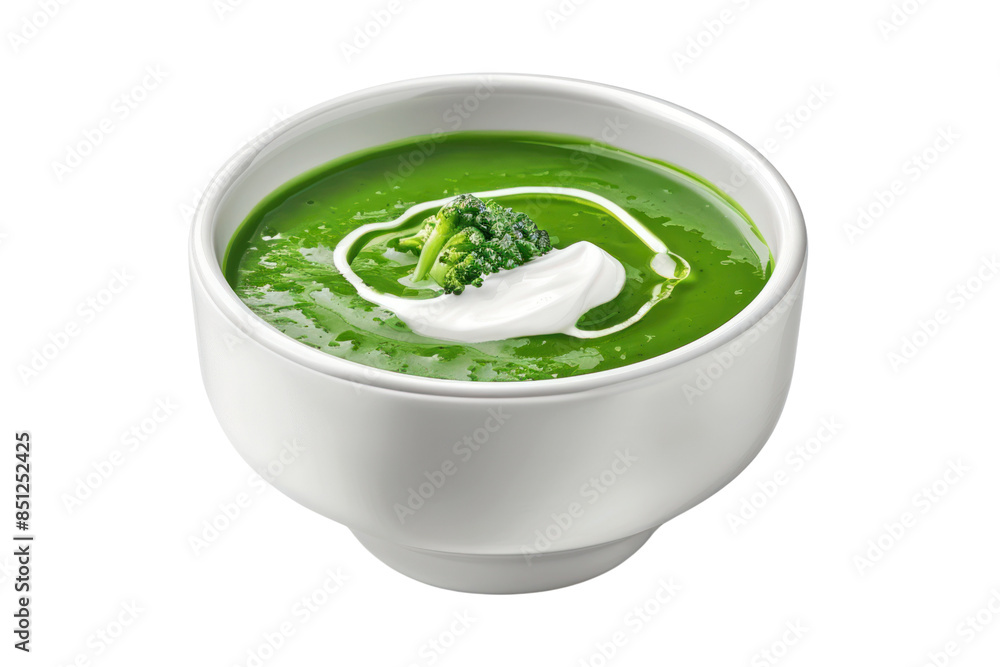A bowl of broccoli soup with a swirl of cream on top , isolated on white background A bowl of broccoli soup with a swirl of cream on top , isolated on white background
