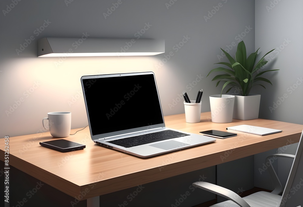 Fototapeta premium Home office workplace room with a laptop on the desk, colorful illustration cartoon style vector