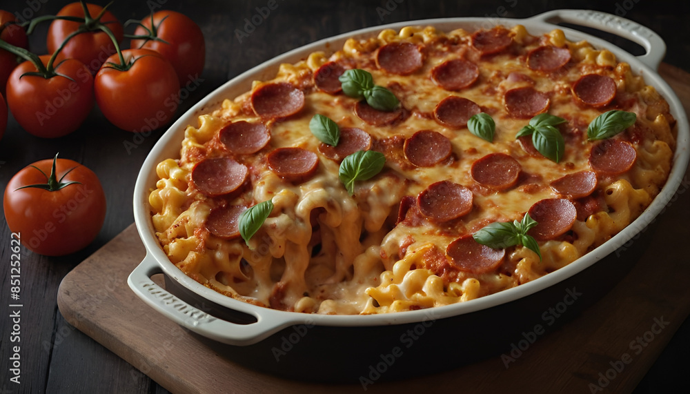 pizza mac and cheese with pepperoni, sauce, and cheese. pizza mac and cheese with pepperoni, sauce, and cheese.