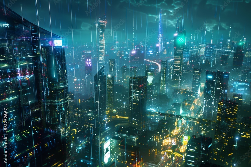 A panoramic cityscape at night, glowing with neon lights and holographic data streams, protected by a translucent digital shield, glitch art A panoramic cityscape at night, glowing with neon lights and holographic data streams, protected by a translucent digital shield, glitch art
