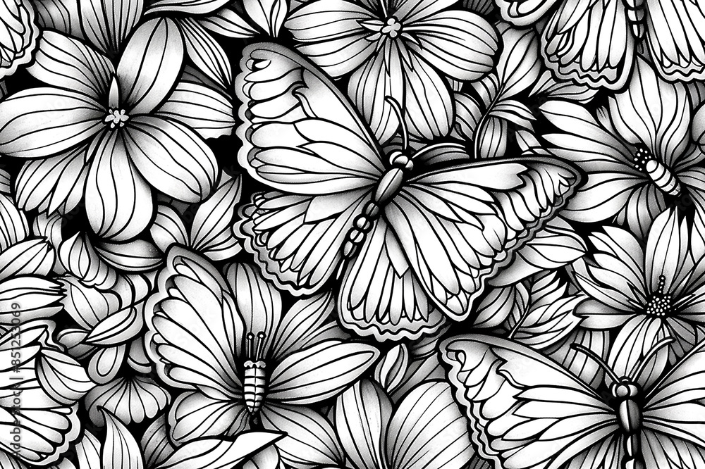 A black and white drawing of many butterflies and flowers. The butterflies are in various positions and sizes, and the flowers are scattered throughout the image A black and white drawing of many butterflies and flowers. The butterflies are in various positions and sizes, and the flowers are scattered throughout the image