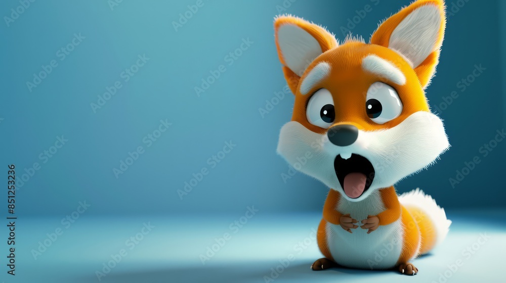 3D animated cartoon fox with surprised face and fun on a blue background 3D animated cartoon fox with surprised face and fun on a blue background